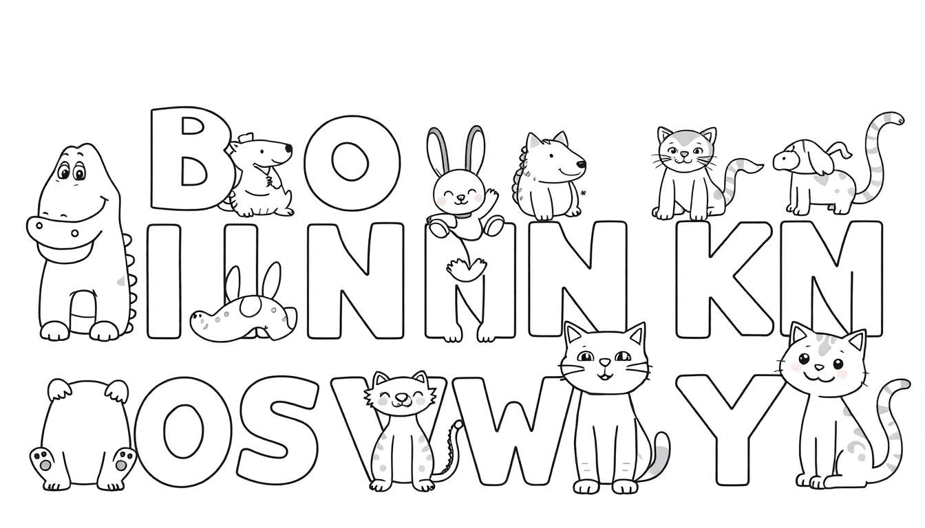 Placa de color con un alfabeto de animales para colorear, donde cada letra está acompañada por un dibujo de un animal en blanco y negro listo para pintar.
