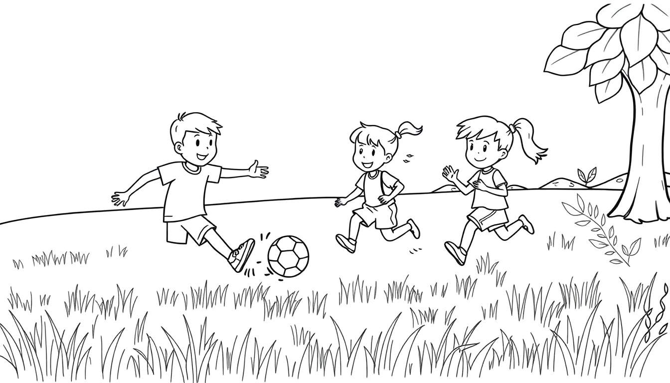 Placa de color: Niños jugando al fútbol en un día soleado, un niño a punto de patear el balón, dos niñas persiguiéndolo, colina y árbol al fondo.