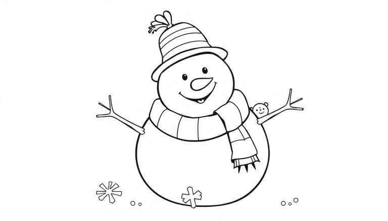 Placa de color: muñeco de nieve sonriente con sombrero y bufanda