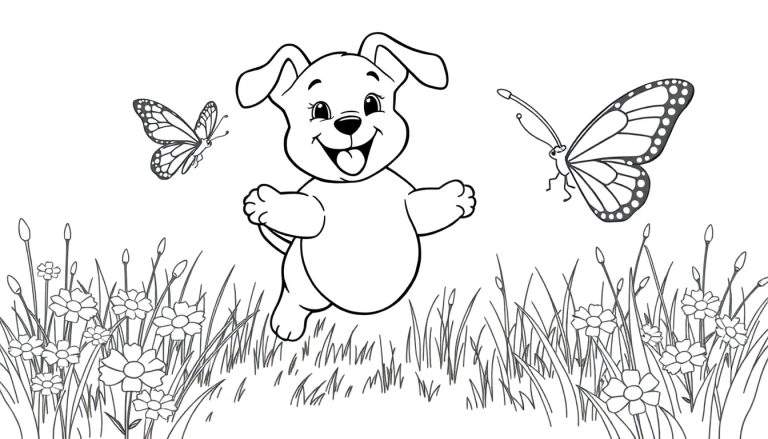 Una placa de color de un cachorro saltando con mariposas.