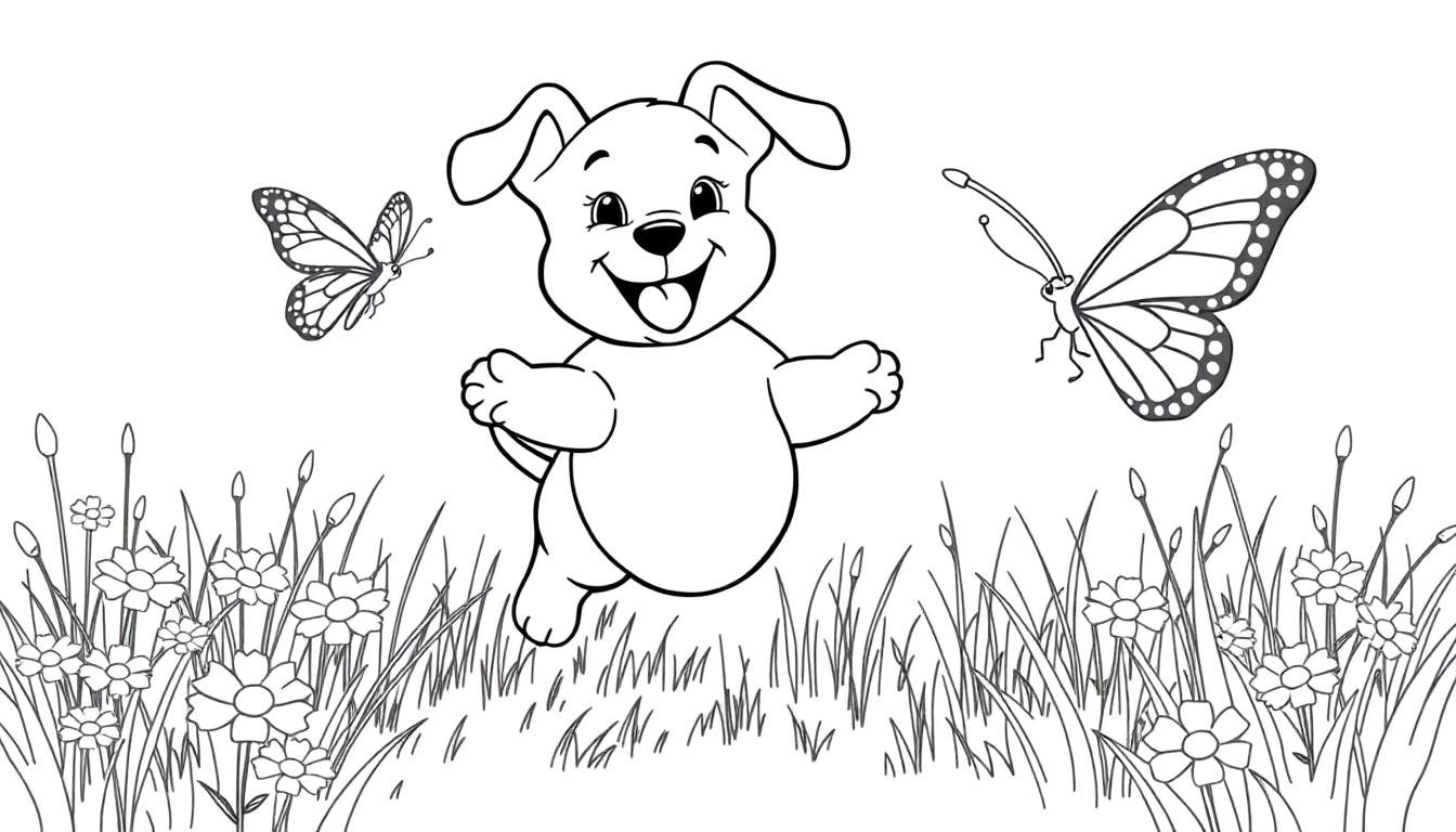 Una placa de color de un cachorro saltando con mariposas.