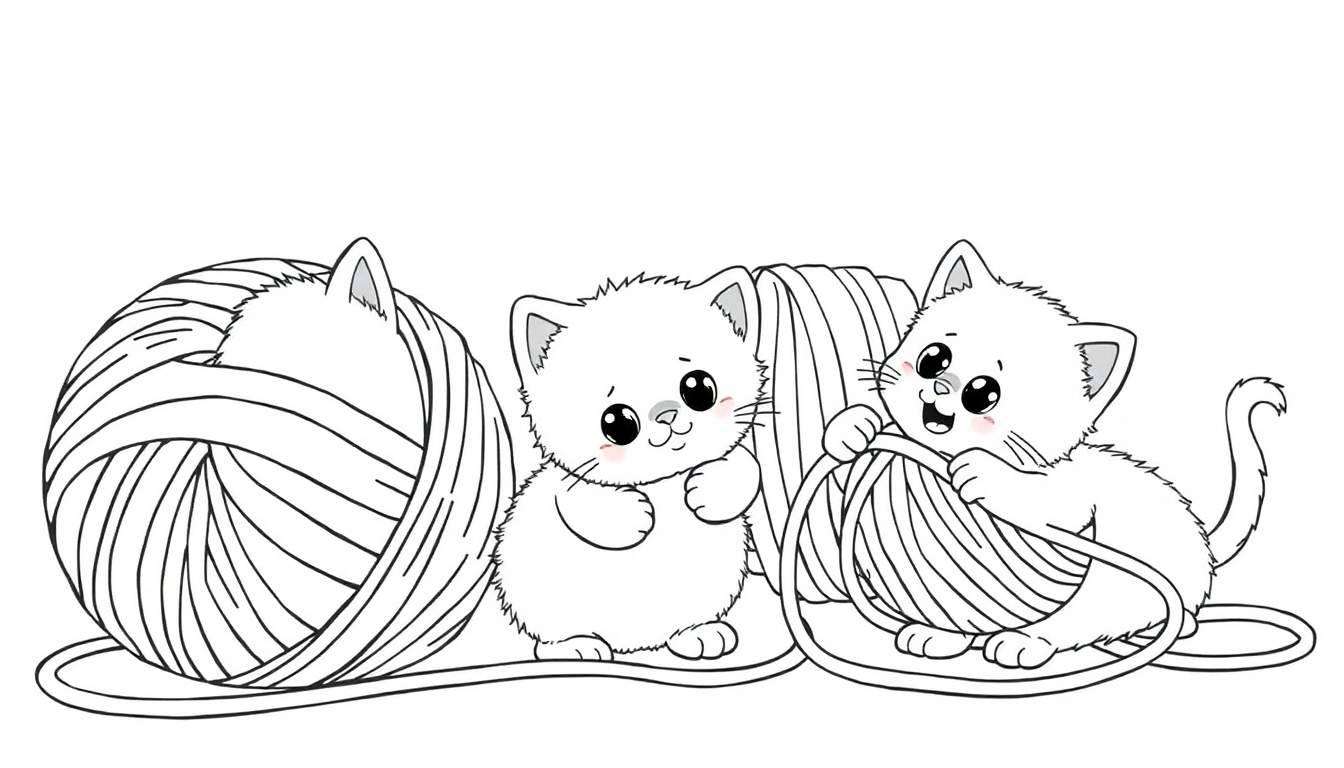 Página para colorear de gatitos blancos jugando con ovillos de lana, con contornos sencillos para colorear.