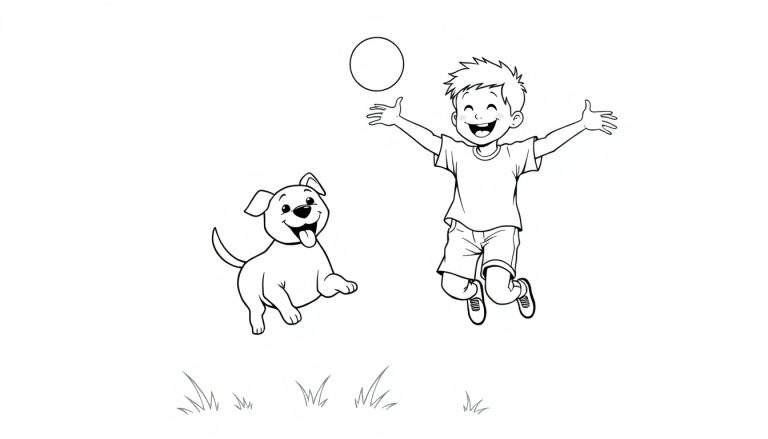 Placa de color: niño y perro saltando por una pelota en el parque.