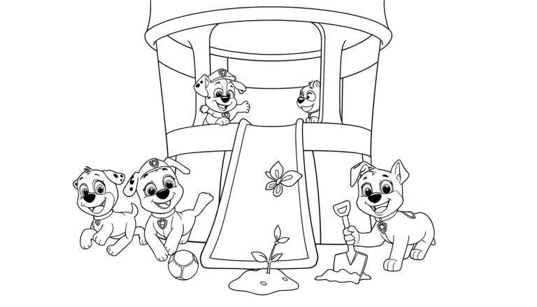 Placa de color de la Patrulla Canina jugando en su cuartel general con un tobogán y elementos de jardinería.