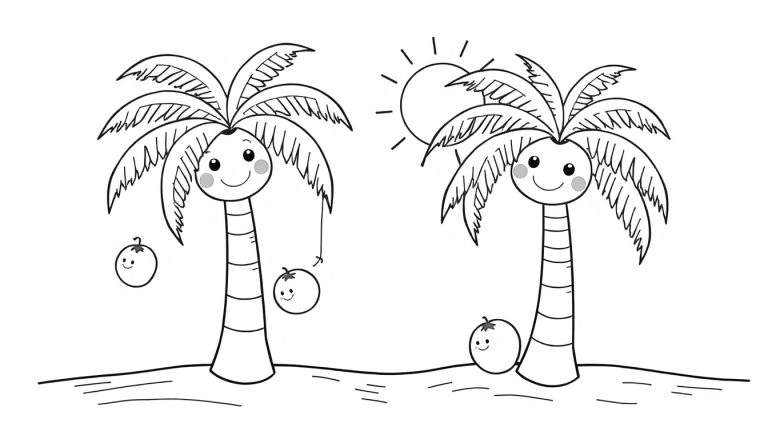 Una placa de color en blanco y negro con dos palmeras sonrientes y cocos en una playa.
