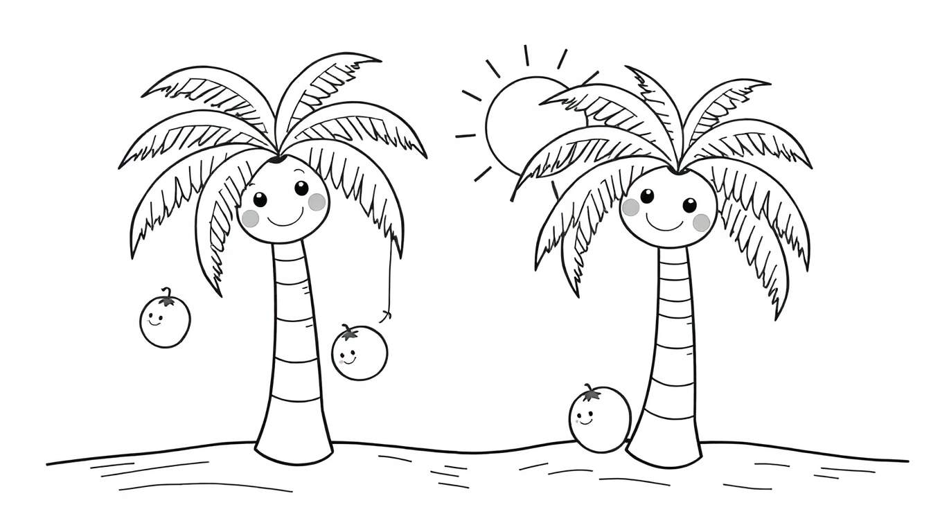 Una placa de color en blanco y negro con dos palmeras sonrientes y cocos en una playa.