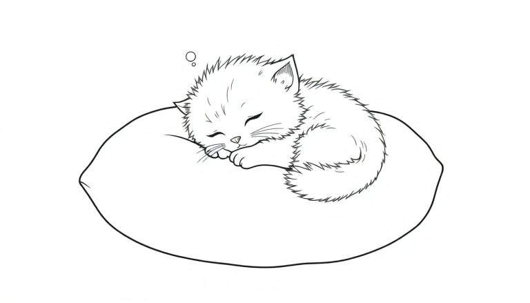 Placa de color: gatito durmiendo profundamente en una almohada suave.