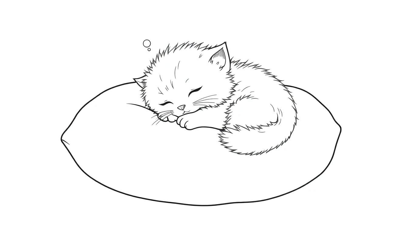 Placa de color: gatito durmiendo profundamente en una almohada suave.