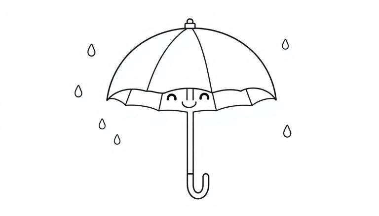 Placa de color: un lindo paraguas sonriente bajo una lluvia suave con gotas divertidas cayendo.