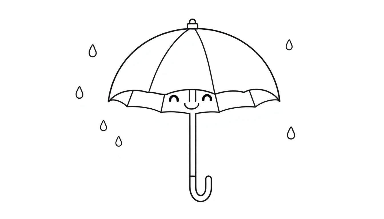 Placa de color: un lindo paraguas sonriente bajo una lluvia suave con gotas divertidas cayendo.