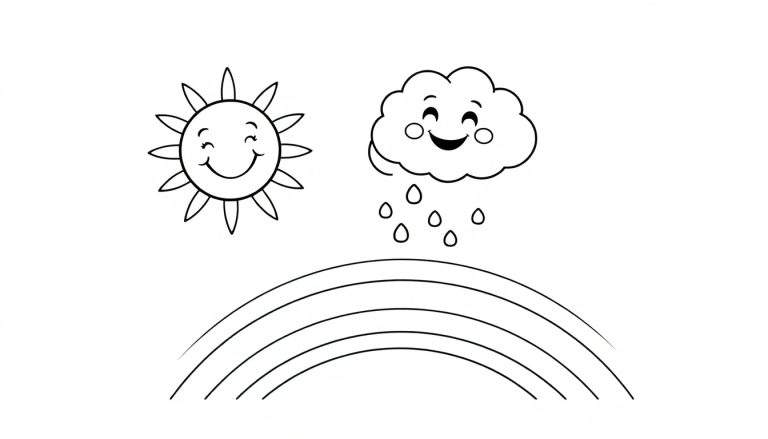Placa de color con un sol sonriente a la izquierda, una nube sonriente con lluvia a la derecha y un arcoíris debajo.