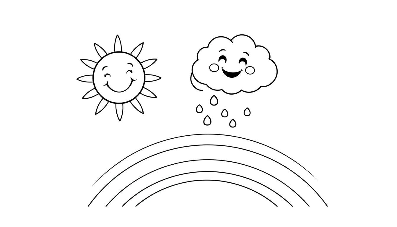 Placa de color con un sol sonriente a la izquierda, una nube sonriente con lluvia a la derecha y un arcoíris debajo.