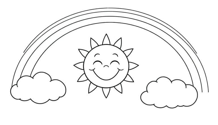 Placa de color con un sol sonriente, nubes y arco iris.