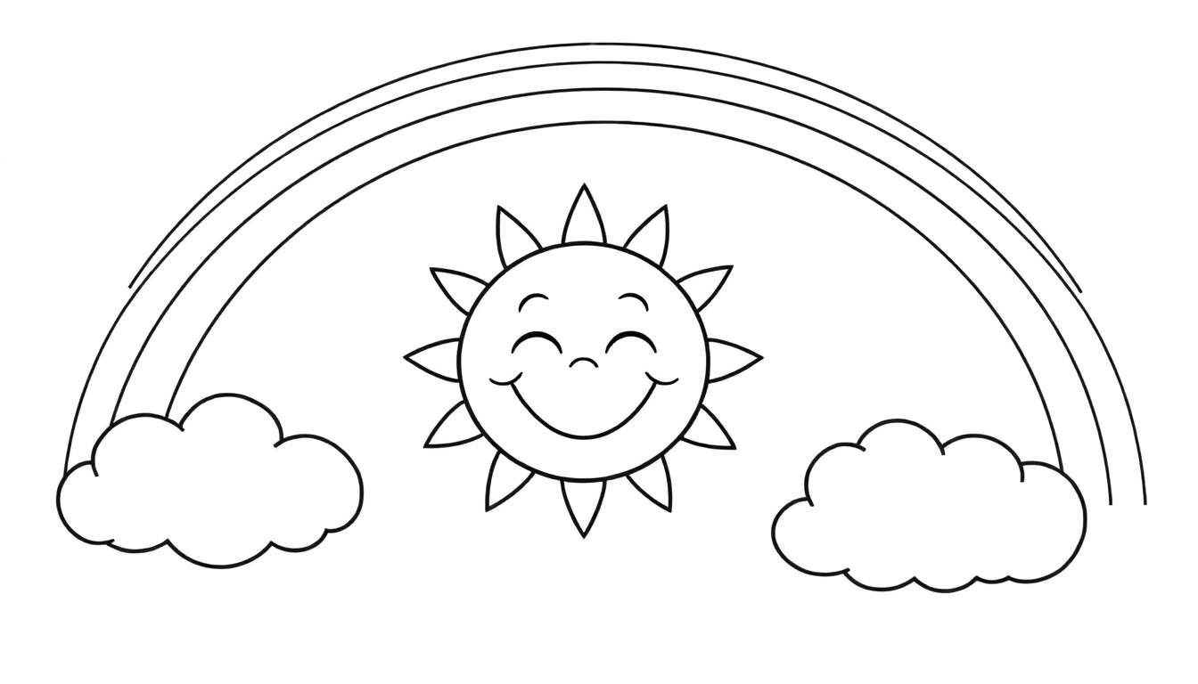 Placa de color con un sol sonriente, nubes y arco iris.