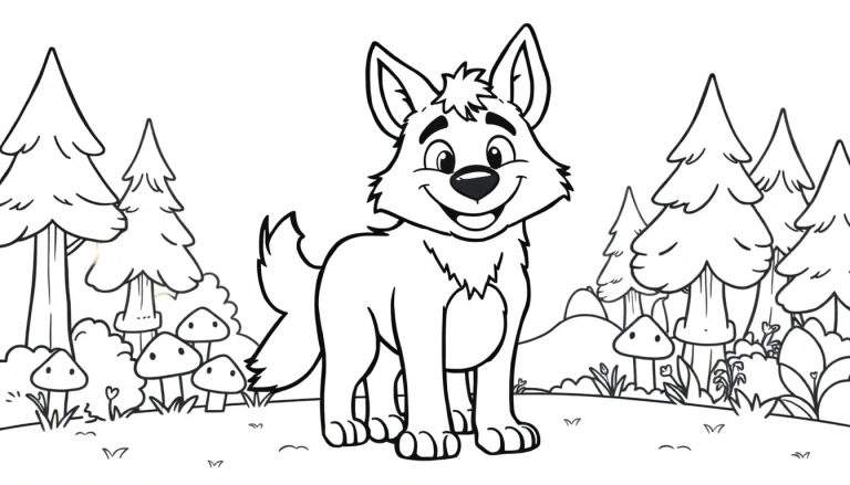 Placa de color de un lobo caricaturesco sonriente en un bosque.