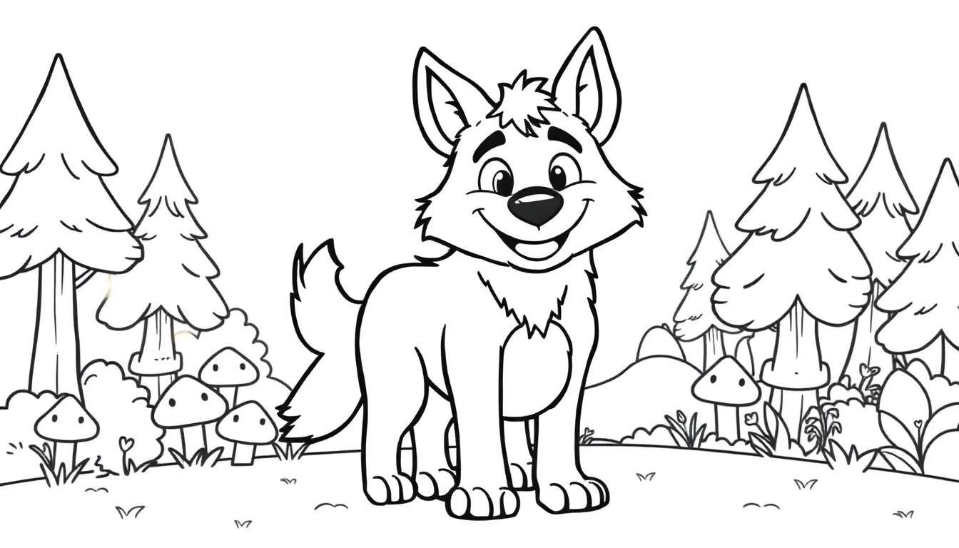 Placa de color de un lobo caricaturesco sonriente en un bosque.