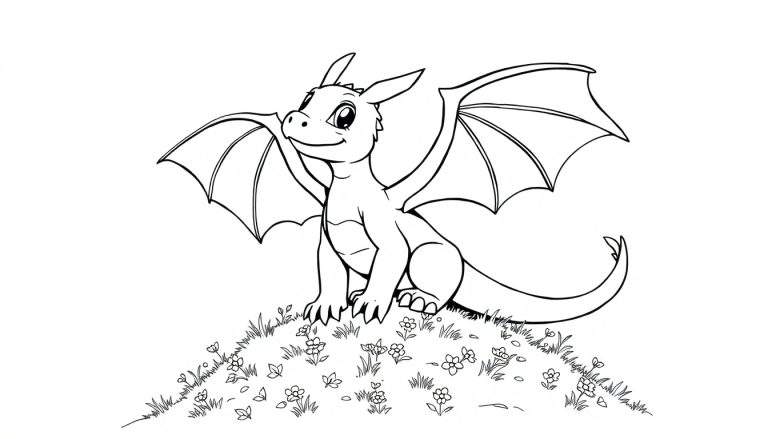 Placa de color: Dibujo de un dragón bebé amigable sentado en una colina con las alas extendidas.