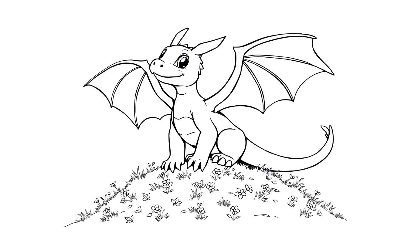 Placa de color: Dibujo de un dragón bebé amigable sentado en una colina con las alas extendidas.