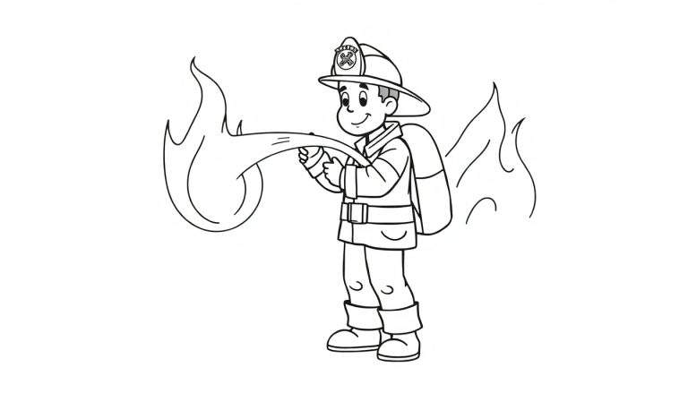 Placa de color de un bombero sonriente con casco y manguera, apuntando a un fuego amigable.