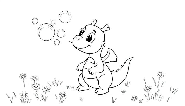 Placa de color de un pequeño dragón soplando burbujas entre flores.