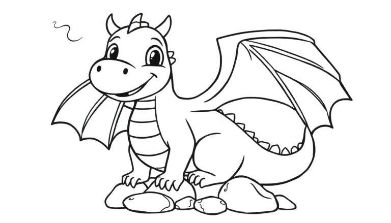Dragón amigable sonriendo, sentado en rocas, listo para colorear, con alas extendidas y una pequeña bocanada de humo cerca de su cabeza. Imagen de placa de color en blanco y negro.