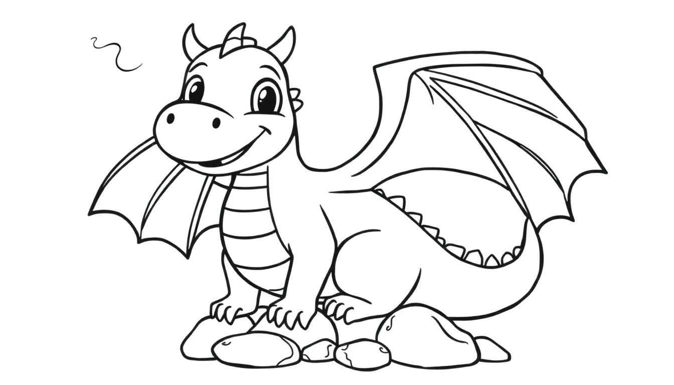 Dragón amigable sonriendo, sentado en rocas, listo para colorear, con alas extendidas y una pequeña bocanada de humo cerca de su cabeza. Imagen de placa de color en blanco y negro.