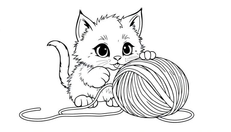 Gatito tierno jugando con ovillo de lana, listo para colorear, diseño de placa de color.
