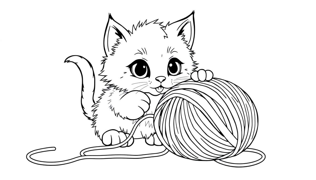 Gatito tierno jugando con ovillo de lana, listo para colorear, diseño de placa de color.
