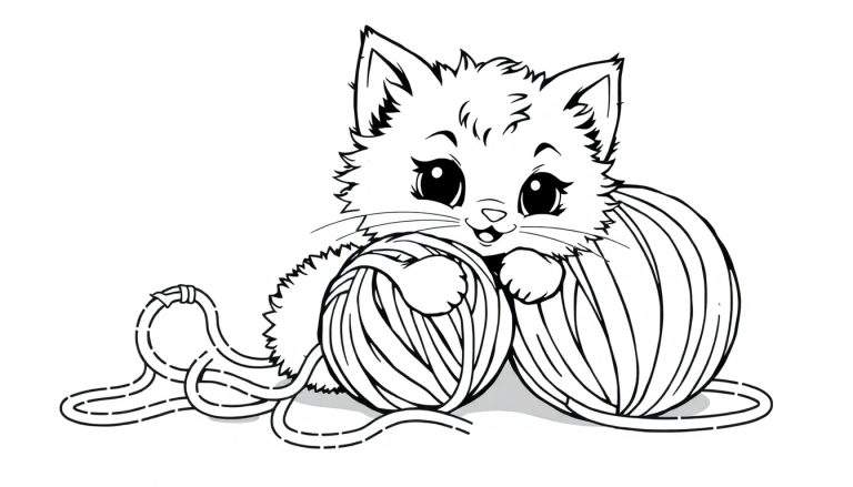 Un lindo gatito para colorear jugando con ovillos de lana, una placa de color para niños.
