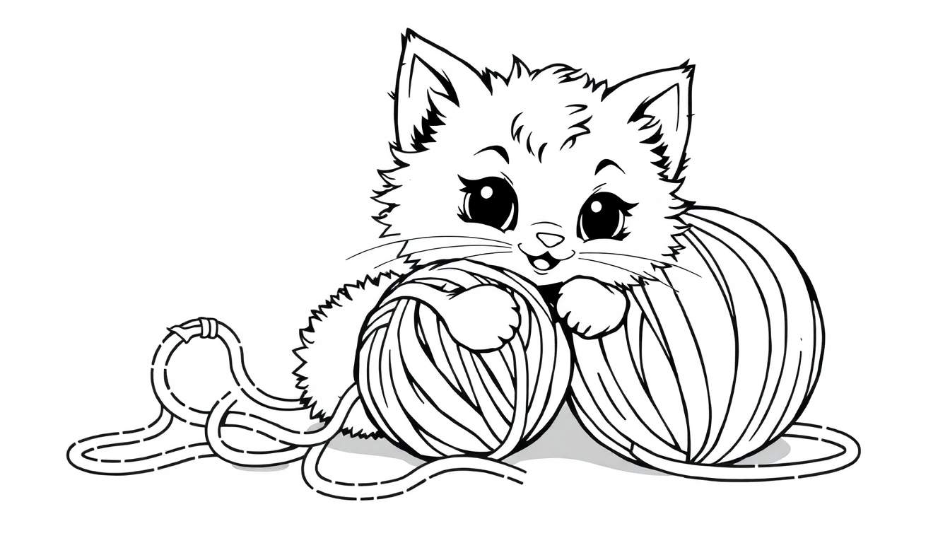 Un lindo gatito para colorear jugando con ovillos de lana, una placa de color para niños.