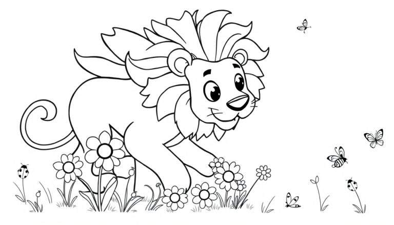 Un león de dibujos animados de placa de color amigable con una melena grande, listo para colorear.
