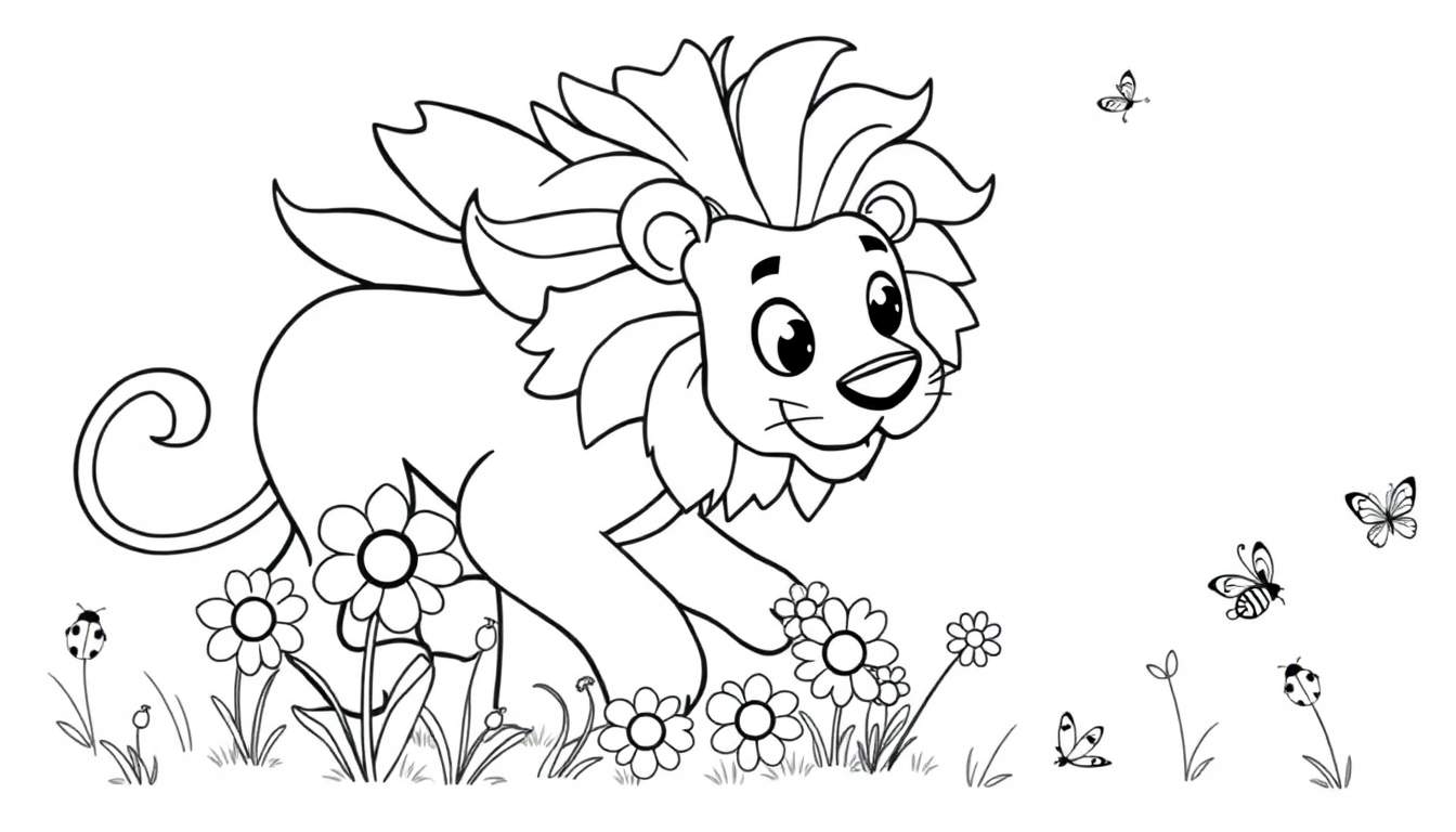 Un león de dibujos animados de placa de color amigable con una melena grande, listo para colorear.