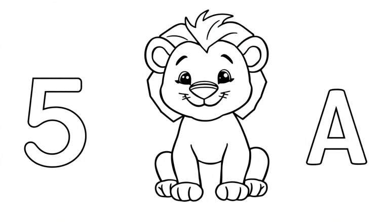 Página para colorear: número 5 a la izquierda, un león de dibujos animados sentado en el centro y la letra A a la derecha, todo en blanco y negro para colorear. Esta es una placa de color para que los niños la pinten.