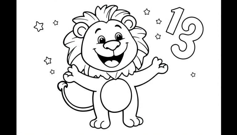 Placa de color de un león de dibujos animados feliz con estrellas y el número 13.