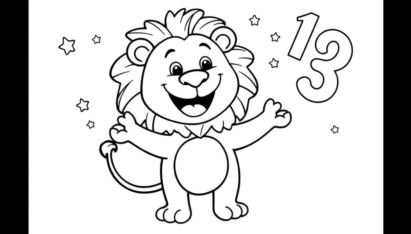 Placa de color de un león de dibujos animados feliz con estrellas y el número 13.