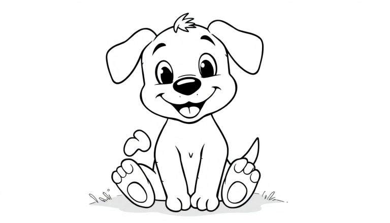 Una placa de color para colorear de un perrito de caricatura sonriente pidiendo galletas.