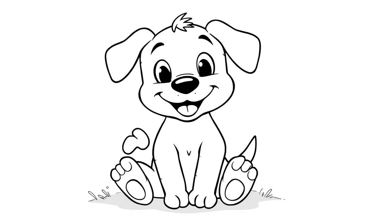 Una placa de color para colorear de un perrito de caricatura sonriente pidiendo galletas.