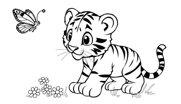 Placa de color de un cachorro de tigre de dibujos animados sentado en la hierba con una mariposa, listo para colorear.