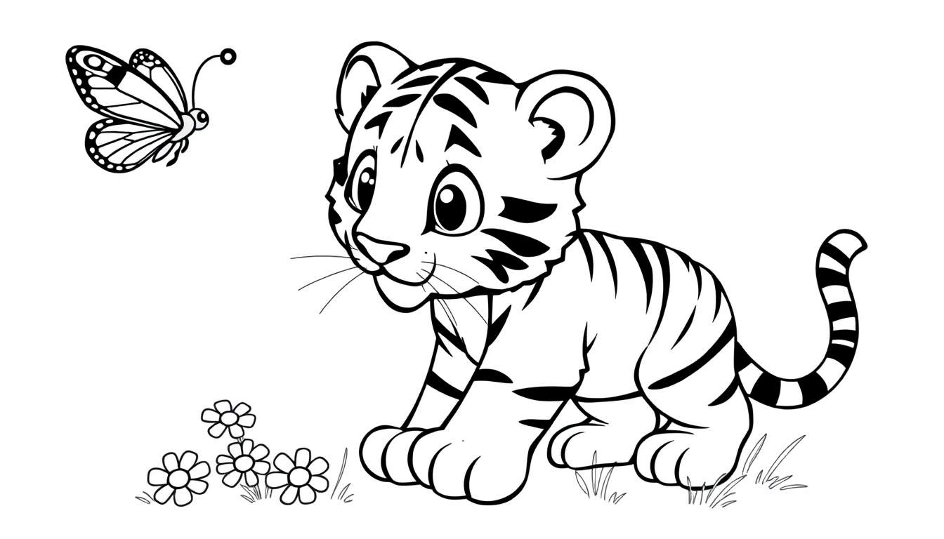 Placa de color de un cachorro de tigre de dibujos animados sentado en la hierba con una mariposa, listo para colorear.