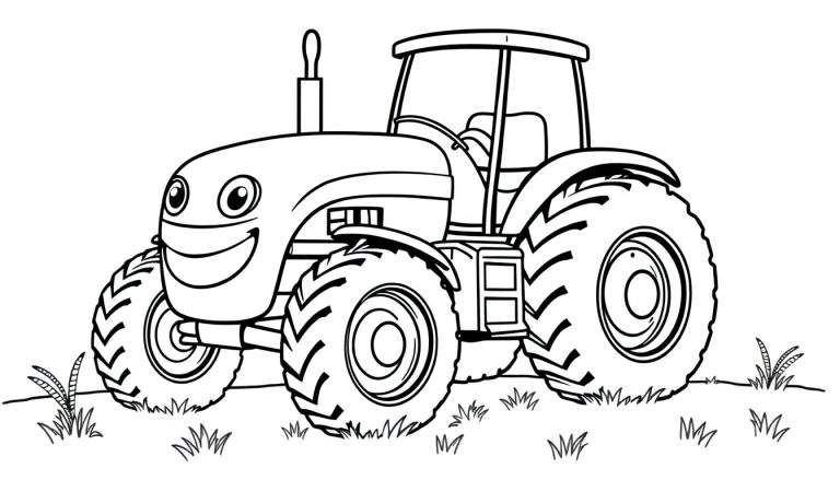 Placa de color de un tractor de dibujos animados amistoso.
