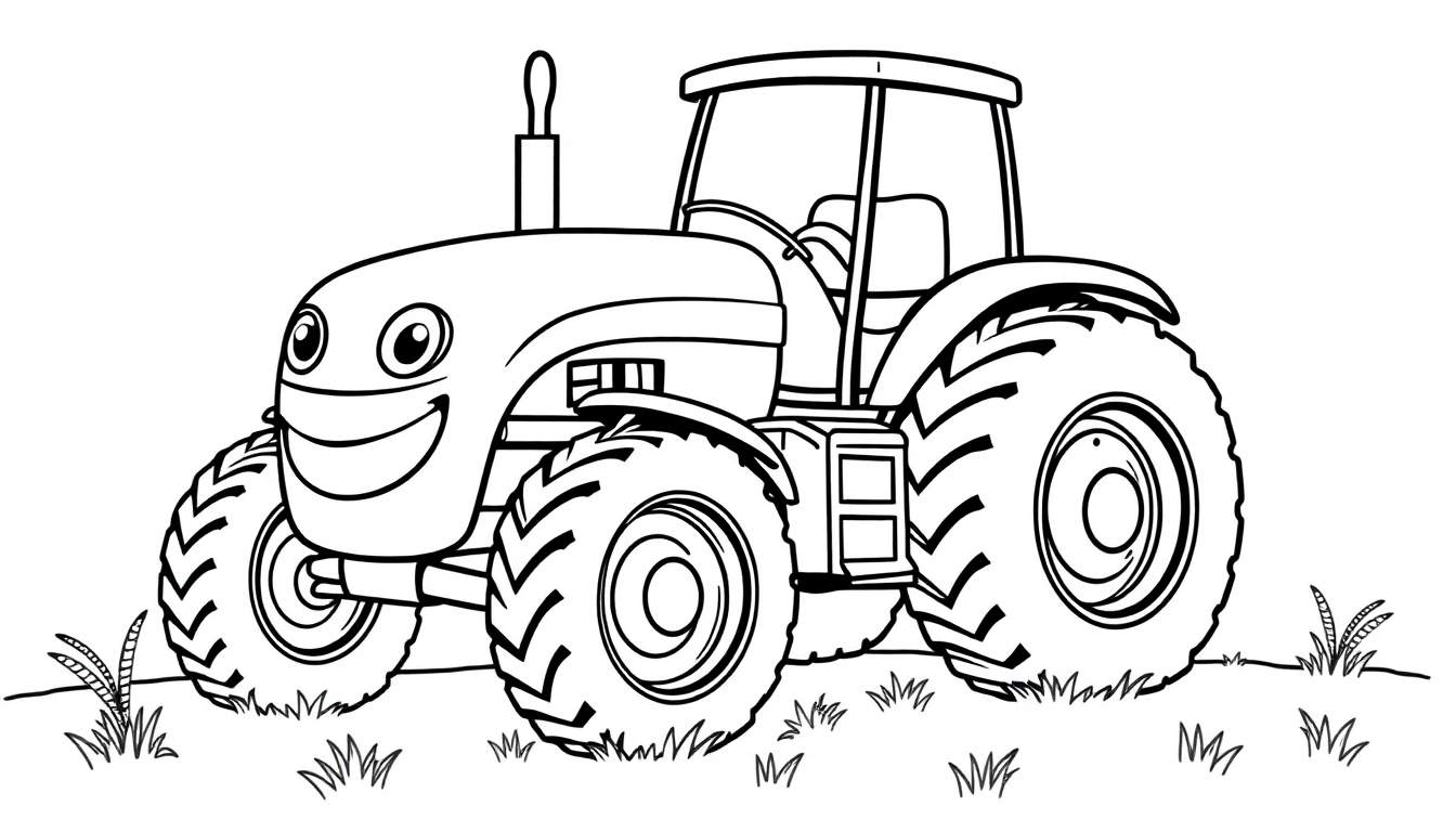 Placa de color de un tractor de dibujos animados amistoso.