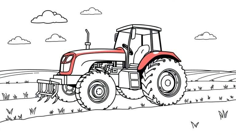 Placa de color de un tractor rojo simpático arando un campo soleado.