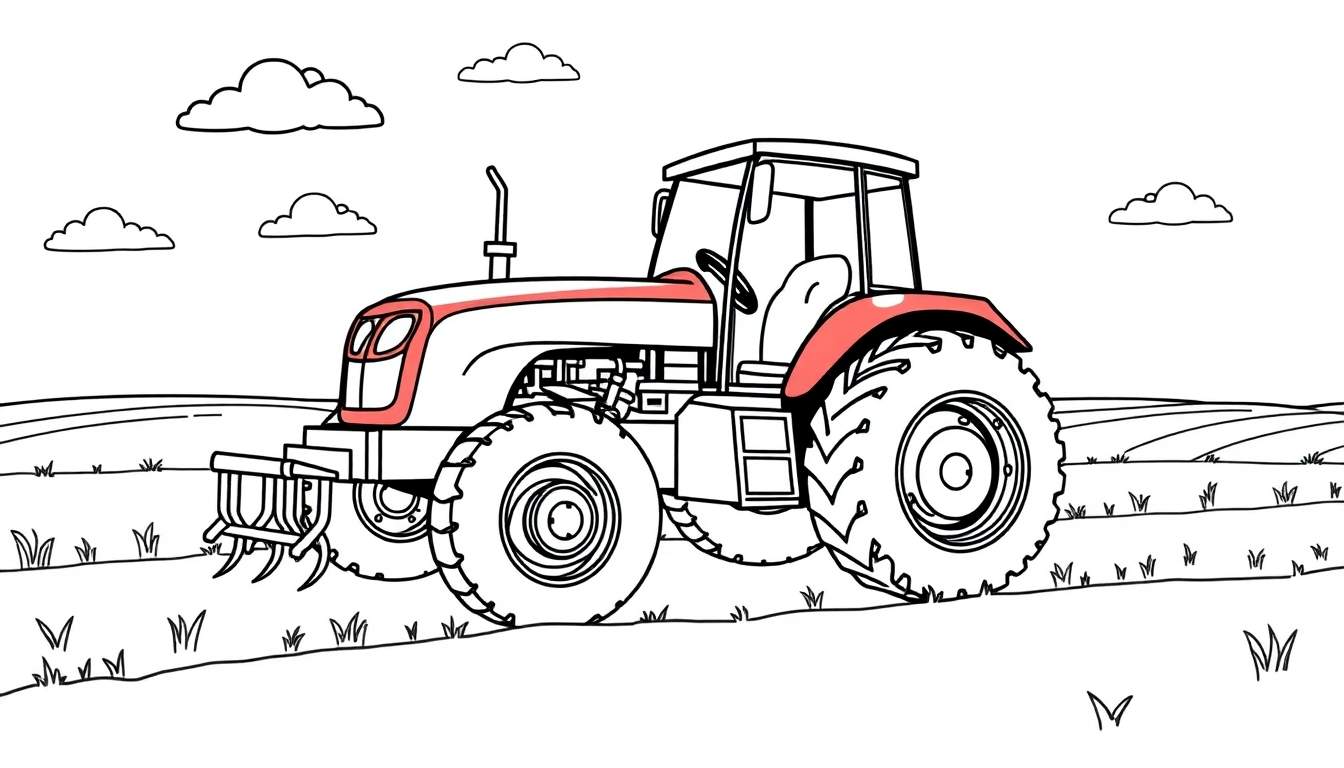 Placa de color de un tractor rojo simpático arando un campo soleado.