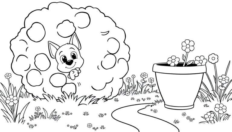Placa de color de un jardín con un cachorro escondido y una maceta de flores.