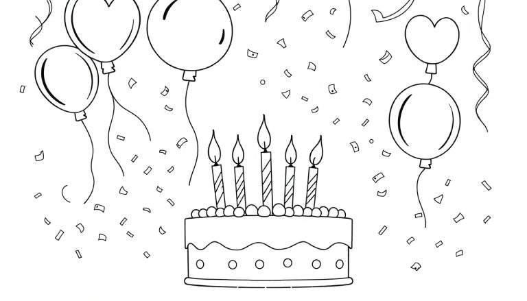 Placa de color para colorear de cumpleaños con un pastel, velas, globos y confeti.