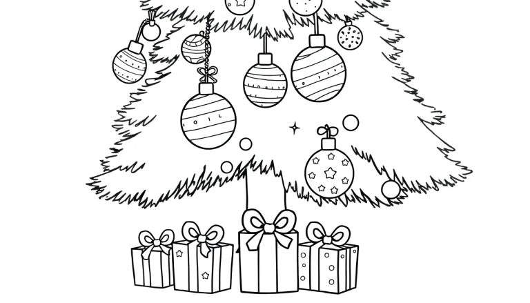 Placa de color de un árbol de Navidad con adornos y regalos.