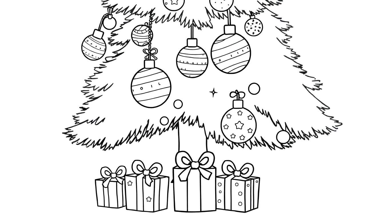 Placa de color de un árbol de Navidad con adornos y regalos.