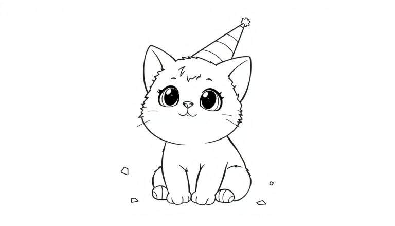 Placa de color: Gato de fiesta con gorro a rayas y confeti.