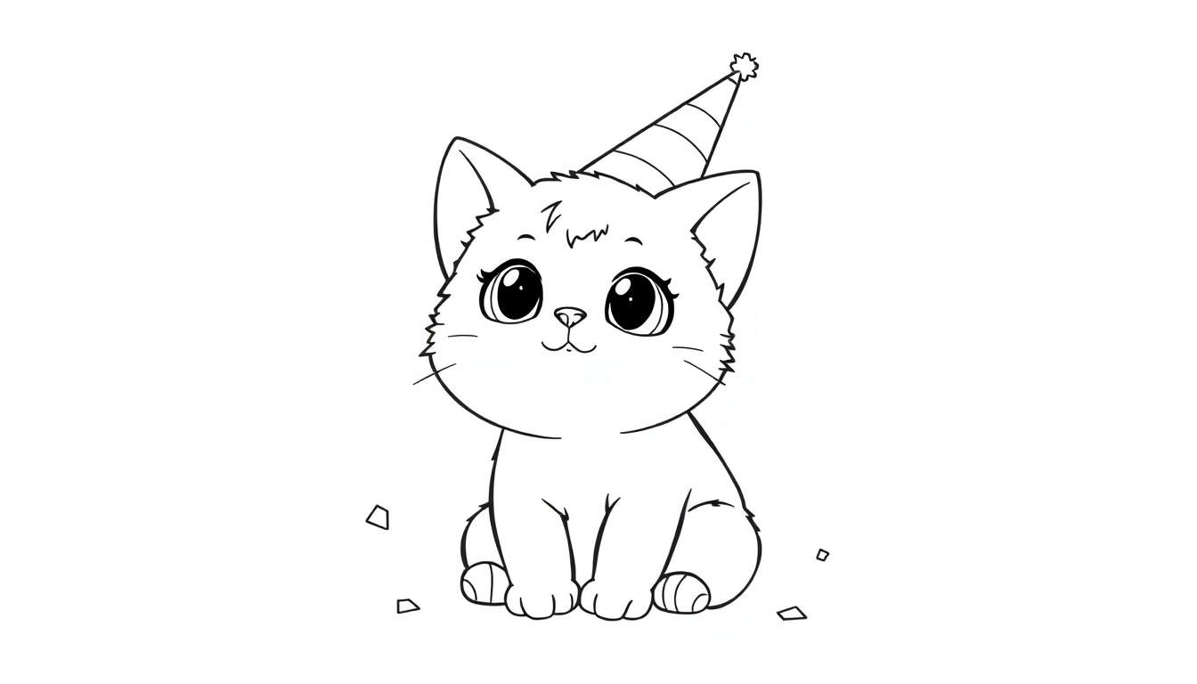 Placa de color: Gato de fiesta con gorro a rayas y confeti.
