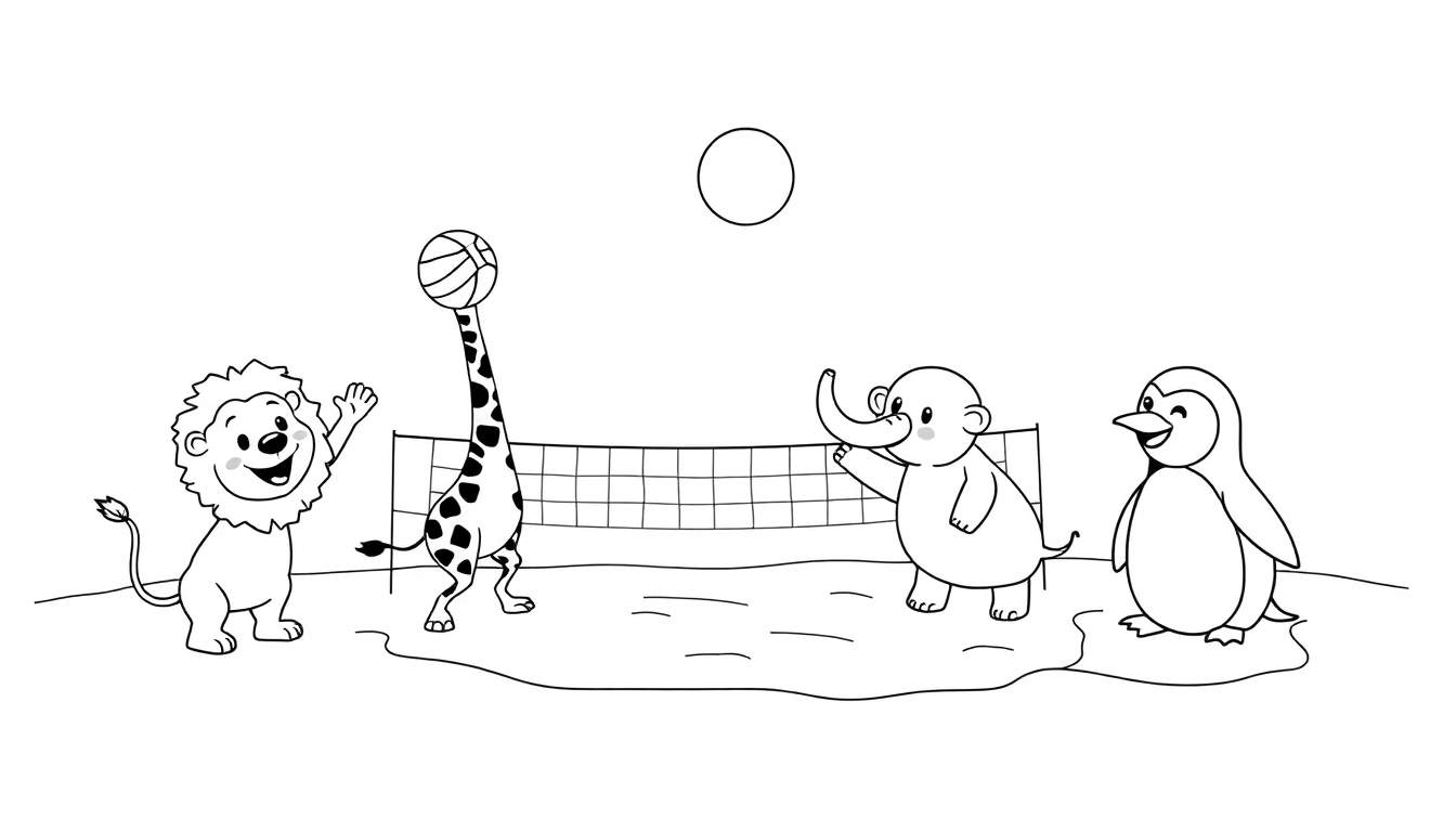 Placa de color de animales jugando voleibol: león, jirafa, elefante y pingüino.